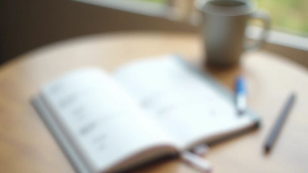 Notebook with handwritten schedule and pen on wooden desk with coffee