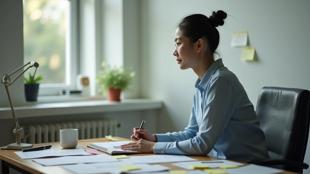 Person at desk looking overwhelmed with multiple sticky notes and task lists