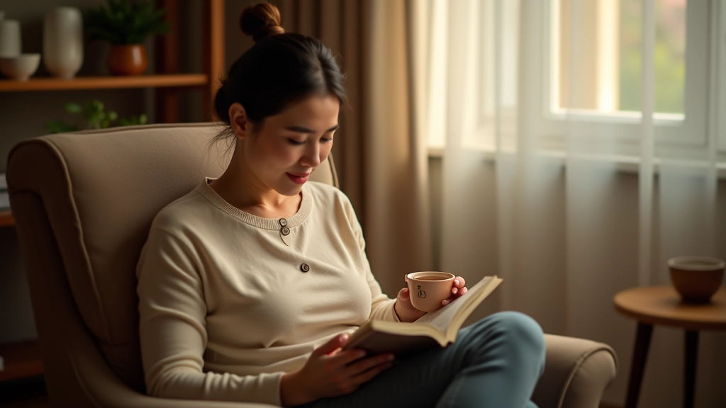 Person relaxing at home in evening with tea and book, peaceful environment