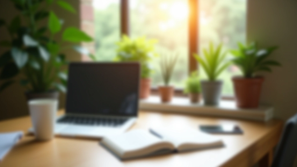 Modern workspace with organized desk, laptop, and planning notebook